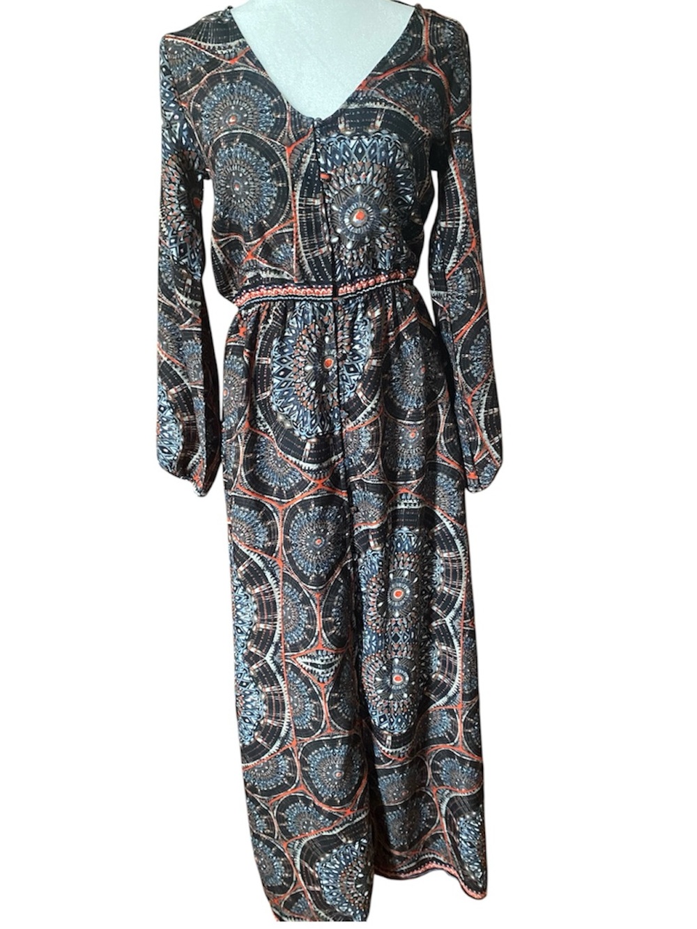 Influence Boho Medallion Print Maxi Dress Button Front Long Sleeve Small